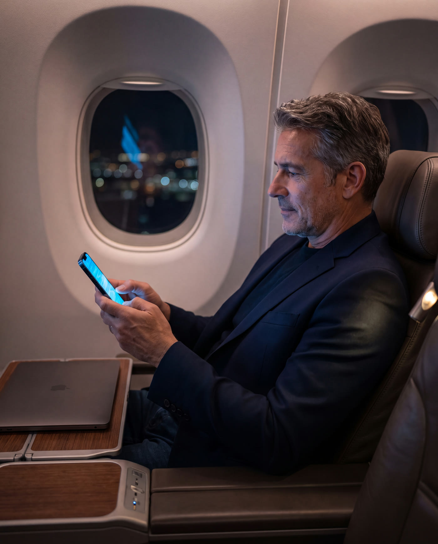 A senior executive typing a short message on his phone in a business class seat at night