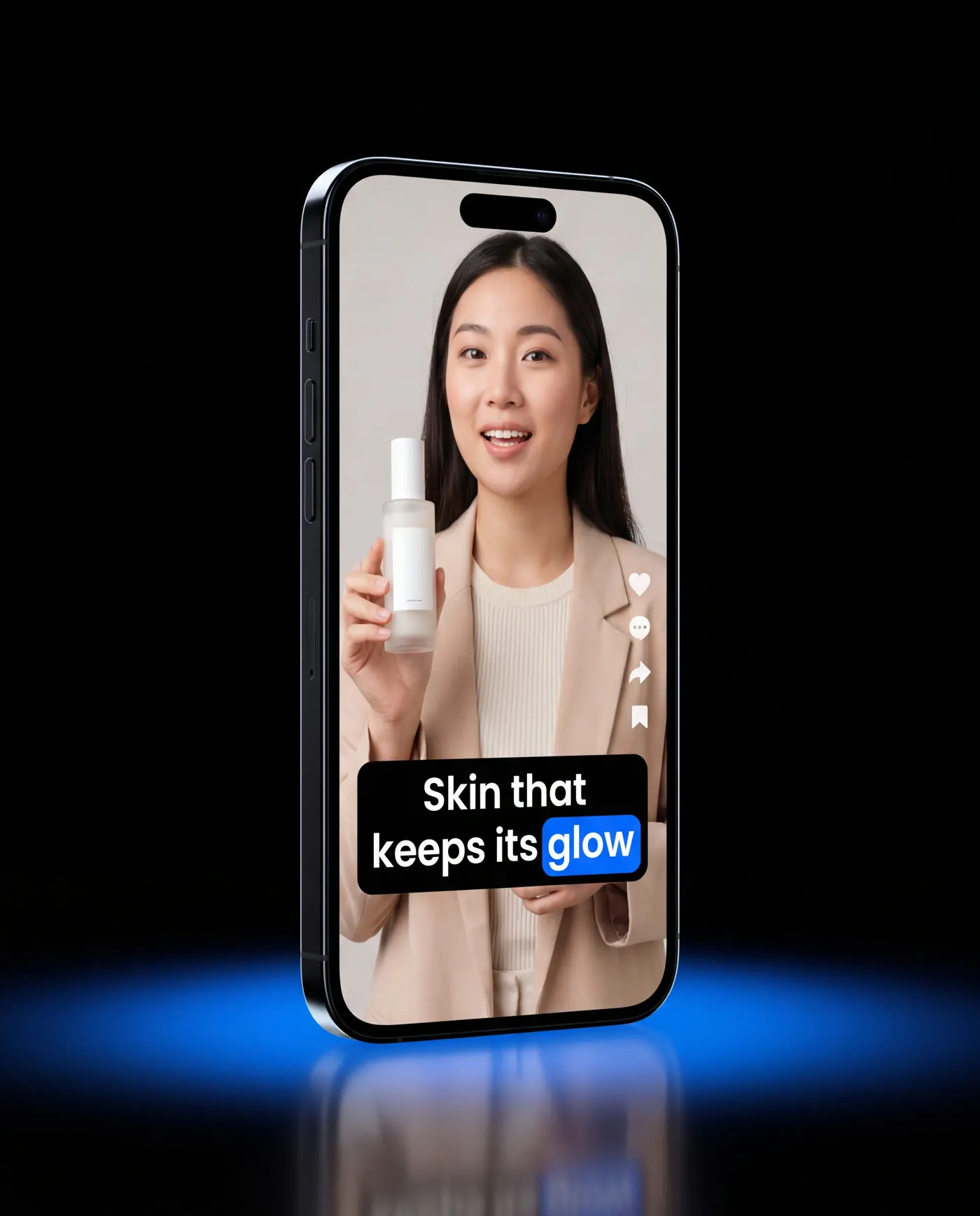 A phone playing a short video of a creator presenting a premium lotion, with captions