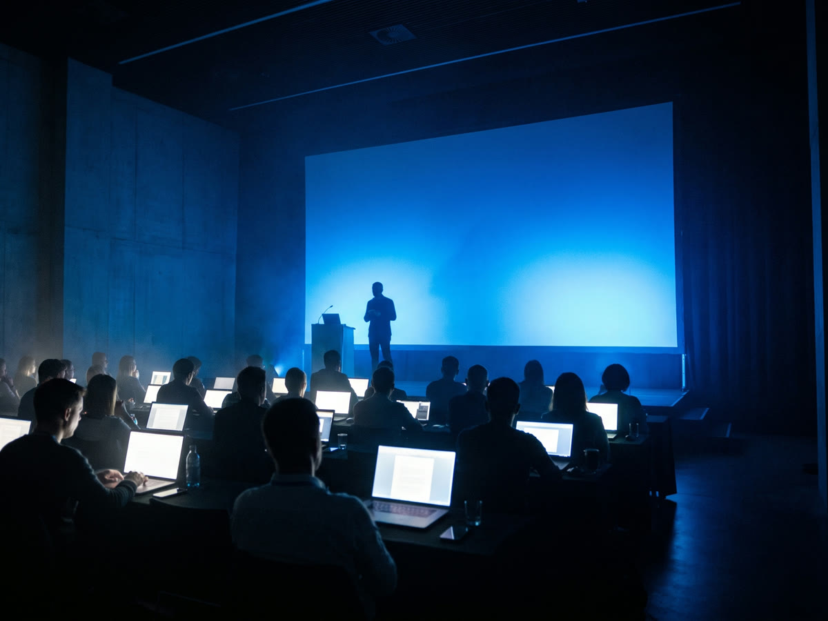 A speaker presenting to a room of people working on laptops